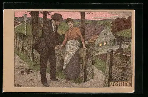 Künstler-Lithographie Paul Hey: Abschied, Paar nimmt traurig Abschied