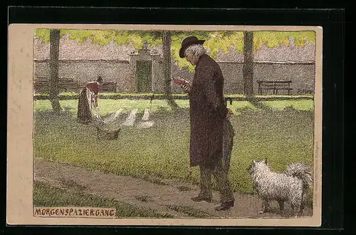 Künstler-Lithographie Paul Hey: Morgenspaziergang mit Hund