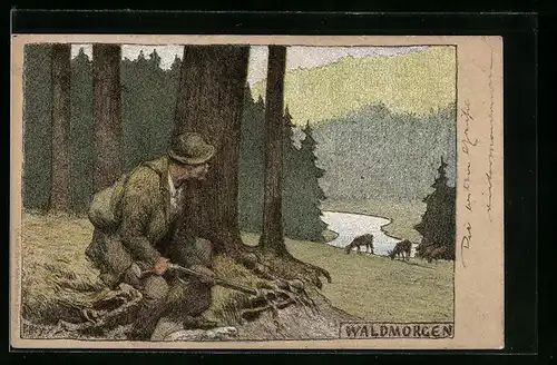 Künstler-Lithographie Paul Hey: Jäger mit Gewehr an einem Waldmorgen