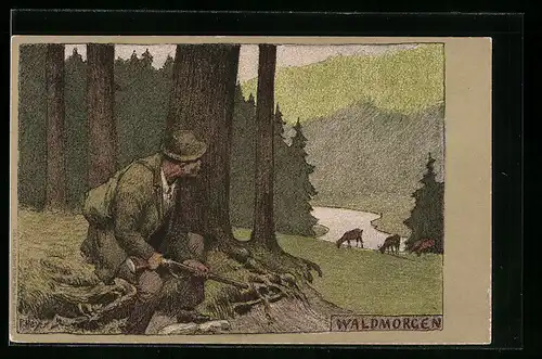 Künstler-Lithographie Paul Hey: Jäger mit Gewehr an einem Waldmorgen