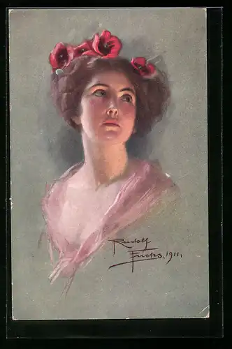 Künstler-AK Rudolf Fuchs: Traurig blickende junge Frau mit roten Blumen im Haar