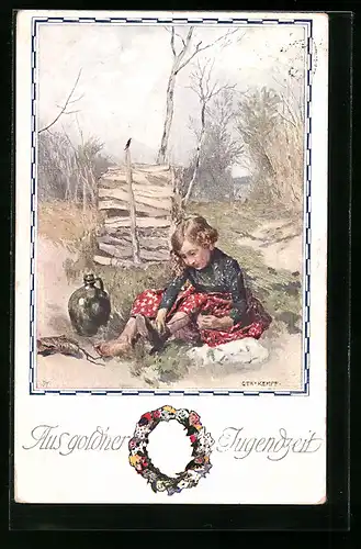 Künstler-AK sign.G. Th. von Kempf: Aus gold`ner Jugendzeit, Mädchen mit Krug, Jugendstil