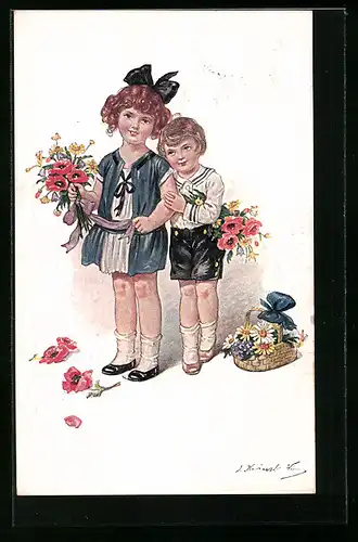 Künstler-AK Kränzle: Mädchen mit Schleife und Junge mit Blumenstrauss