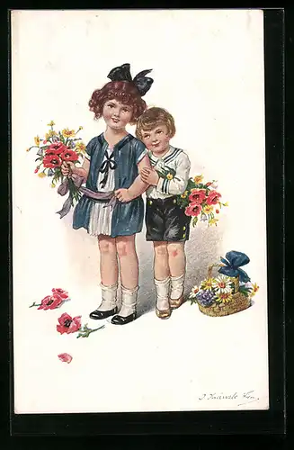 Künstler-AK Kränzle: Geschwister mit Blumensträussen
