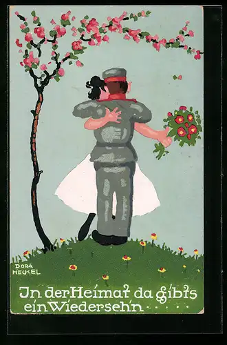 Künstler-AK Dora Heckel: in der Heimat, da gibt`s ein Wiederseh`n...Soldat umarmt Frau unter Kirschbaum