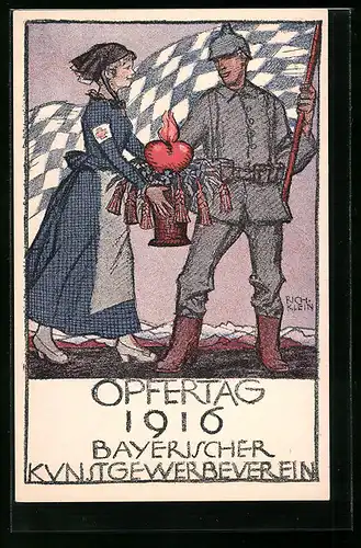 Künstler-AK Richard Klein: Rotkreuz-Schwester mit Soldat, Opfertag des Bayerischen Kunstgewerbevereins 1916