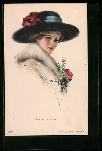 Künstler-AK sign. Harper: Junge Frau mit schwarzem eleganten Hut
