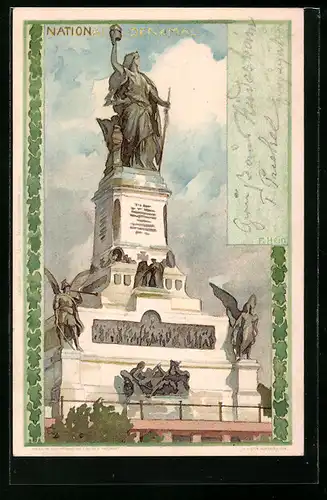 Lithographie Rüdesheim, Motiv vom National-Denkmal