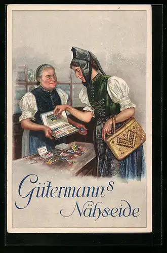Künstler-AK Curt Liebich: Frau in Tracht kauft Nähgarn, Reklame für Gütermann`s Nähseide