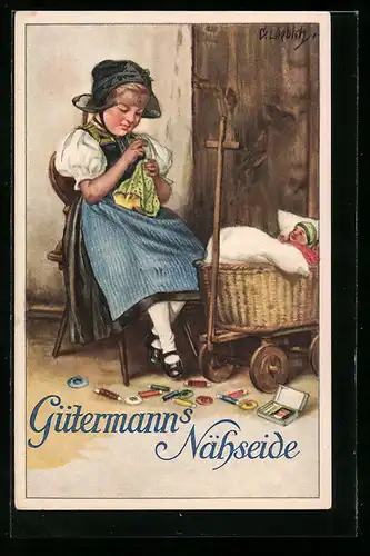 Künstler-AK Curt Liebich: Junges Mädchen näht ein Puppenkleid, Reklame für Gütermann`s Nähseide
