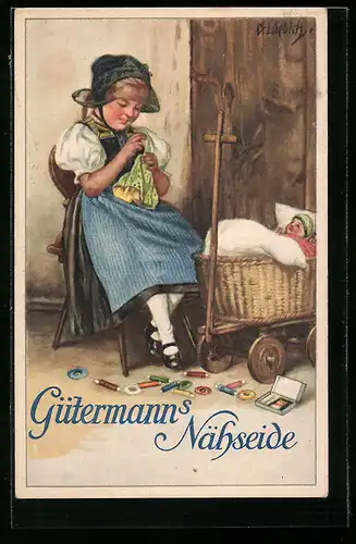Künstler-AK Curt Liebich: Junges Mädchen näht ein Puppenkleid, Reklame für Gütermann`s Nähseide