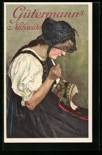 Künstler-AK C. Liebich: Mädchen flickt Tracht, Reklame für Gütermann`s Nähseide