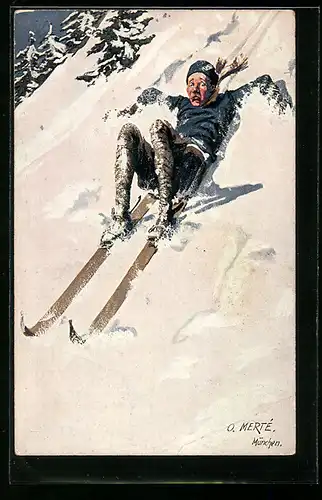 Künstler-AK O. Merte: Missglückte Skiabfahrt