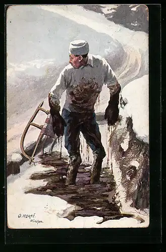 Künstler-AK O. Merte: Schlittenfahrer in einer Schlammpfütze