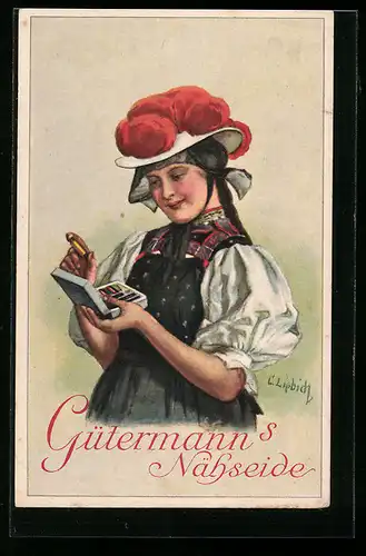 Künstler-AK Curt Liebich: Frau mit einem Nähkästchen, Reklame für Gütermann`s Nähseide
