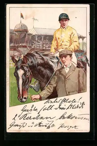 Künstler-AK H. Junker: Jockey auf seinem Rennpferd, Tribüne im Hintergrund