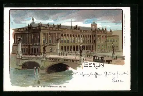 Lithographie Berlin, Börse, Burgstrasse und die Friedrichsbrücke, Pferdebahn