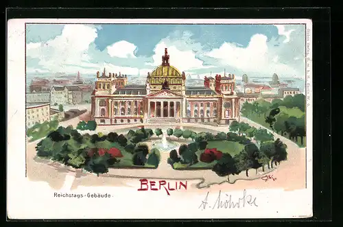 Lithographie Berlin-Tiergarten, Reichstags-Gebäude mit Anlagen aus der Vogelschau