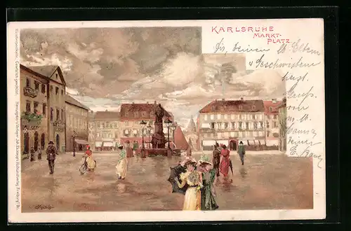 Künstler-AK Carl Münch: Karlsruhe, Leute bei Regen auf dem Marktplatz