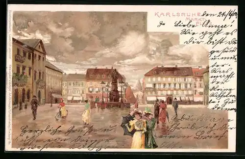 Künstler-AK Carl Münch: Karlsruhe, Leute bei Regen auf dem Marktplatz