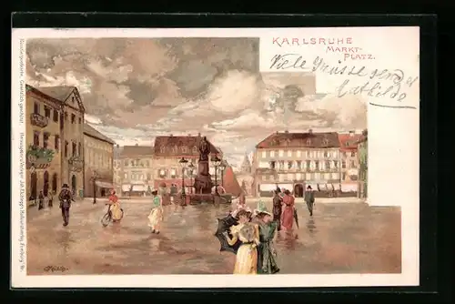Künstler-AK Carl Münch: Karlsruhe, Marktplatz mit Passanten bei Regen