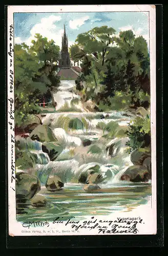 Künstler-AK Carl Münch: Berlin, Wasserfall im Victoriapark bei Sonnenschein
