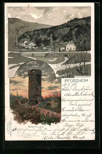 Künstler-AK Pforzheim, Wartthurm und Ortsansicht mit Brücke