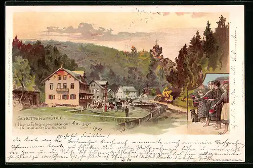 Lithographie Schüttersmühle, Gebäudepartien mit Anwohnern