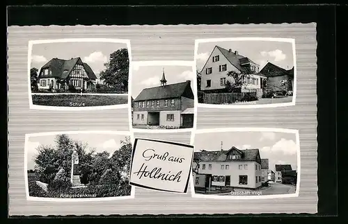 AK Hollnich, Kriegerdenkmal, Geschäft Vogt, Gasthaus und Gemeindehaus