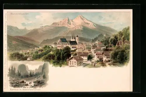 Lithographie Berchtesgaden, Ortsansicht, Ramsau m. Mühlstutzhörner