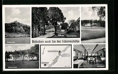 AK Schermshöhe, Spieserfels, Gartenlokal, Wachfelsen, Speisesaal