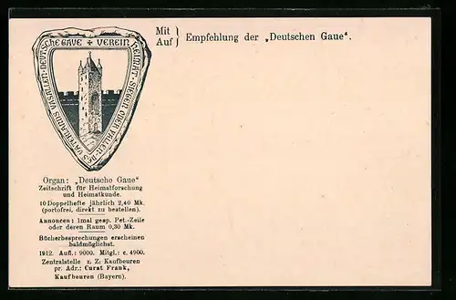 AK Kaufbeuren, Fünfknopfturm mit Banderole Deutsche Gave, Verein Heimat in der Zeitung Deutsche Gaue