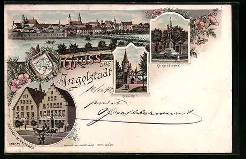 Lithographie Ingolstadt, Blick auf das Kreuzthor und Kriegerdenkmal