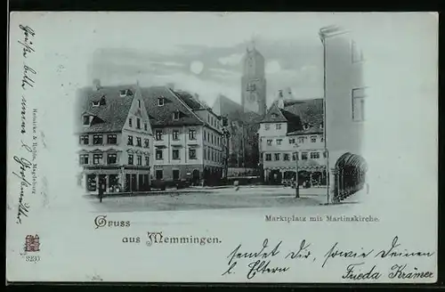 Mondschein-AK Memmingen, Marktplatz mit Martinskirche