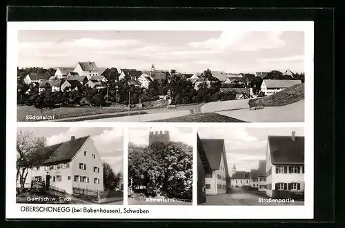 AK Oberschönegg /Babenhausen, Strassenpartie und Römerturm