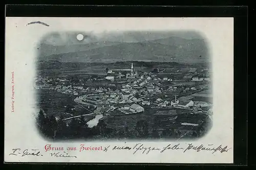 Mondschein-AK Zwiesel, Ortsansicht bei Vollmond