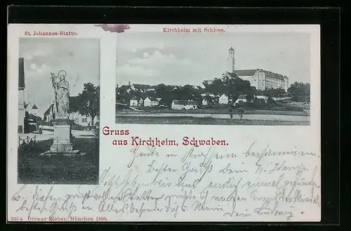 Mondschein-AK Kirchheim /Schwaben, St. Johannes-Statue und Blick auf Schloss