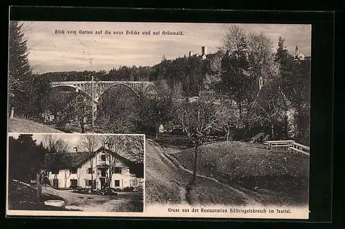 AK Höllriegelskreuth, Restauration, Blick vom Garten auf die neue Brücke & auf Grünwald