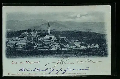 Mondschein-AK Wegscheid, Ortsansicht mit Kirche