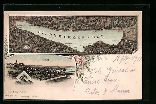 Lithographie Starnberg, Ortsansicht und Landkarte