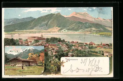 Lithographie Tegernsee, Bauer in der Au, Teilansicht mit Bergen