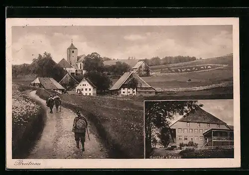 AK Breitnau / Bad. Schwarzwald, Gasthof zum Kreuz, Wanderer am Ortseingang