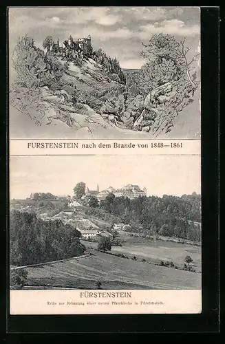 AK Fürstenstein, Ortsansicht mit neuerbauter Pfarrkirche, Ortsansicht nach dem Brande von 1848-1861