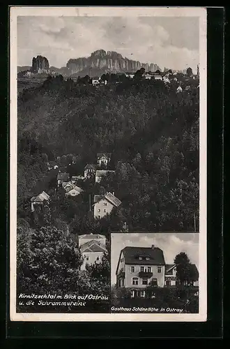 AK Ostrau, Gasthaus Schöne Höhe, Kirnitzschtal mit Blick auf Schrammsteine