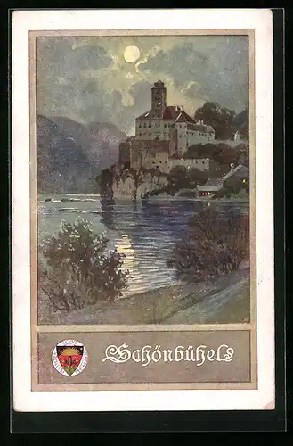 Künstler-AK Deutscher Schulverein Nr. 160: Schloss Schönbühel, Blick vom Flussufer auf das Schloss
