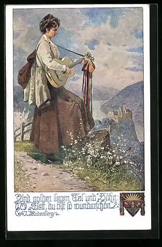 AK Deutscher Schulverein NR: 1071, Muskikerin mit Gitarre, Landschaftspanorama mit Flusslauf