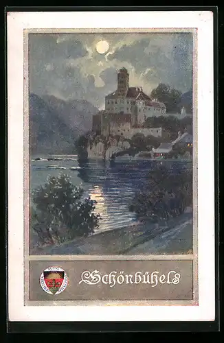 Künstler-AK Deutscher Schulverein Nr. 160: Schloss Schönbühel, Blick vom Flussufer auf das Schloss