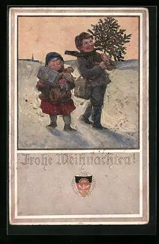 AK Deutscher Schulverein: Kinderpaar mit Tannenbaum im Schnee, Weihnachtsgruss