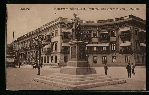 AK Odessa, Boulevard Nikolaus und Denkmal des Herzogs von Richelieu