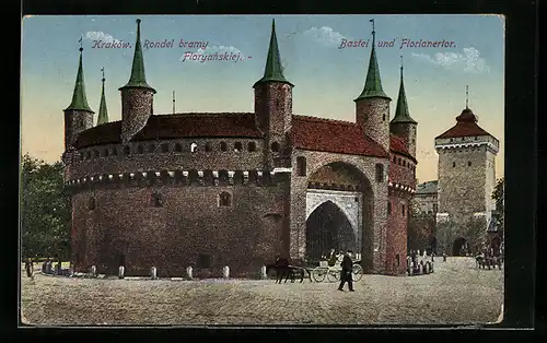 AK Krakau-Krakow, Bastei und Florianertor mit Kutsche und Passanten